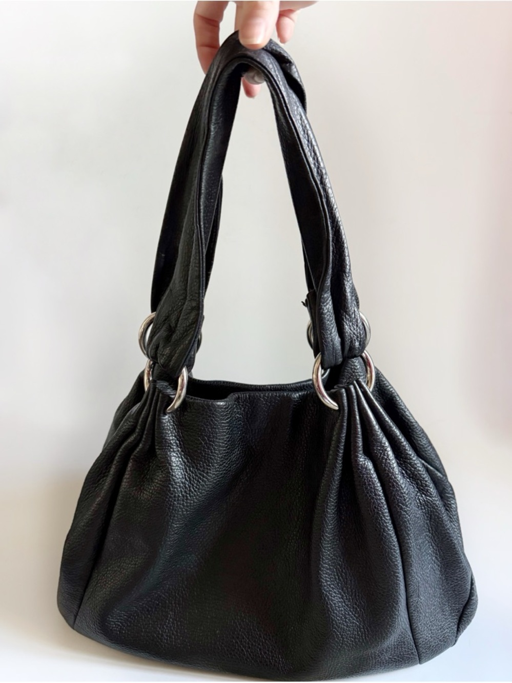 Furla Black Leather Gathered Shoulder Bag with Silver Rings